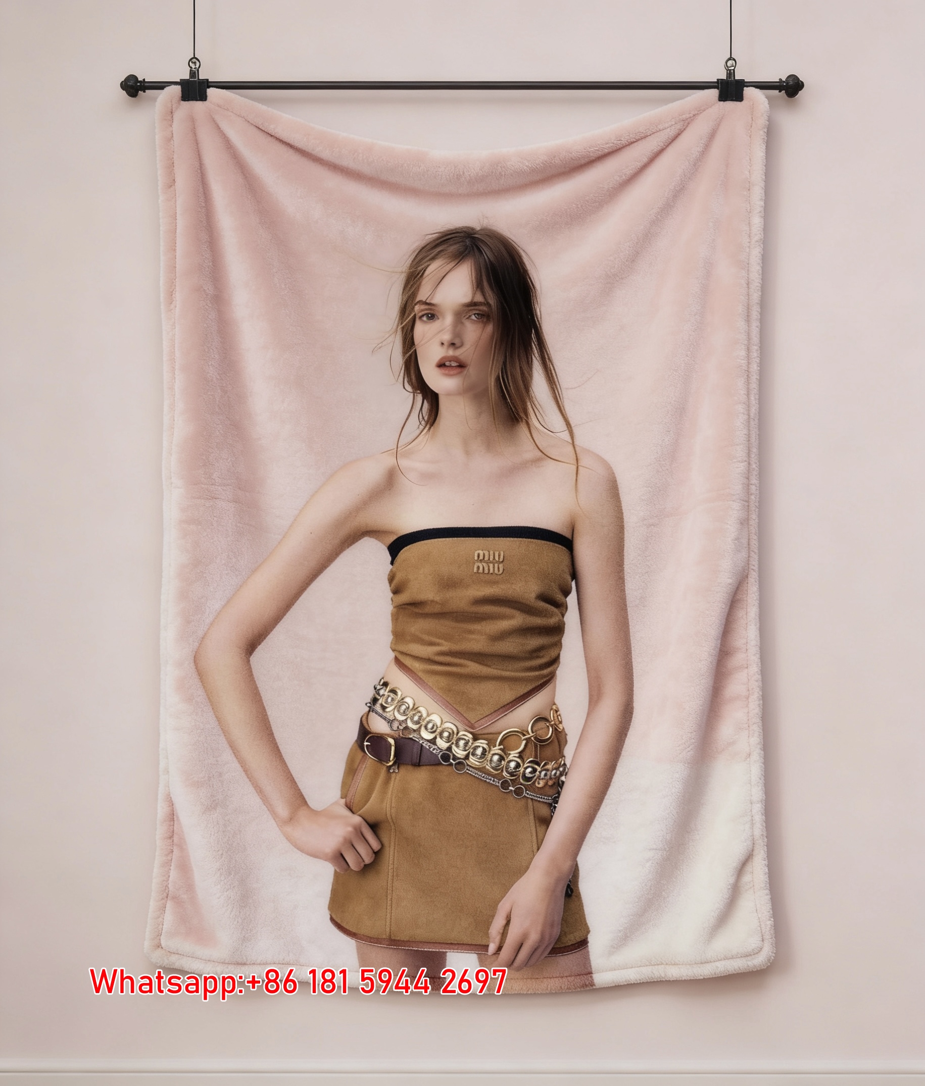 Miumiu Tan Brown Suede Flannel Sofa Throw Blanket – Printed Runway Model IMG_0557